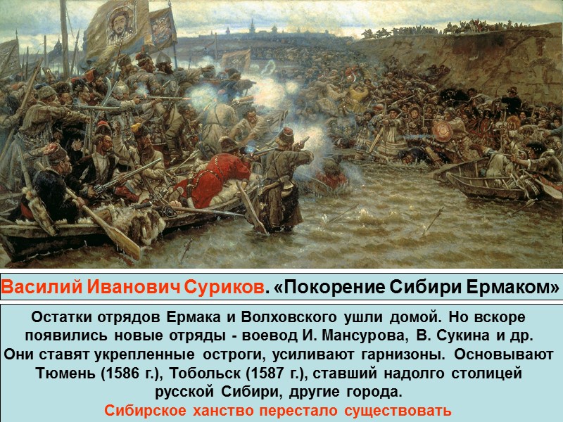 Василий Иванович Суриков. «Покорение Сибири Ермаком»  Остатки отрядов Ермака и Волховского ушли домой.